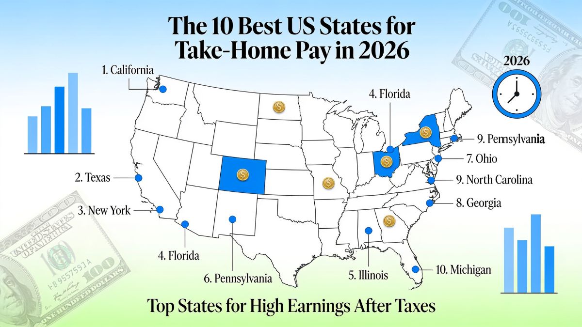Map of the US highlighting best states for take-home pay.
